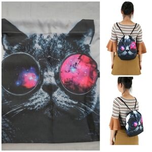 Red and White Backpack with Cosmic Galaxy Cat Design Everyday Utility Unisex